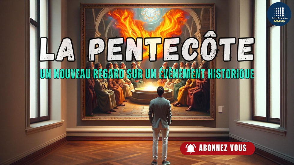Image immersive d'un homme en costume regardant un tableau monumental de la Pentecôte dans un musée, où les disciples sont éclairés par des flammes spirituelles. Le tableau évoque un événement clé de la foi chrétienne avec un réalisme vibrant, sous le titre 'La Pentecôte : Un nouveau regard sur un événement historique'. Abonnez-vous pour explorer plus.
