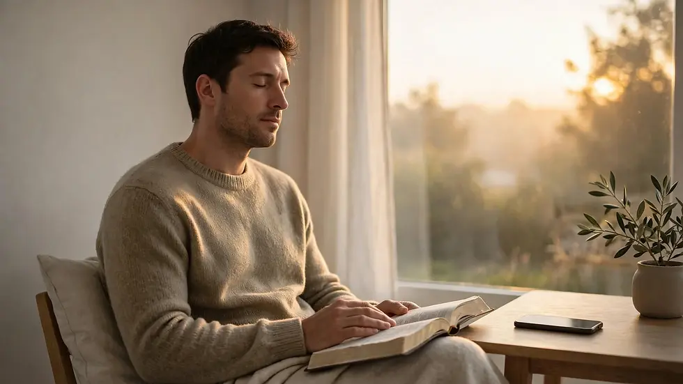 Croyant en silence devant Dieu, téléphone éteint, Bible ouverte