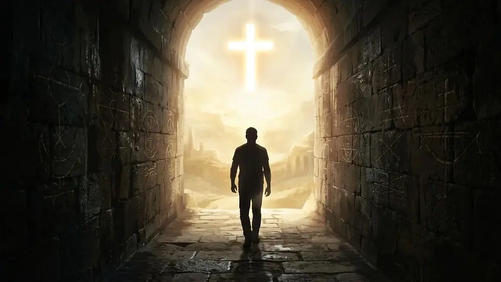 Composition visuelle montrant un chemin passant de l'ombre d'un rituel religieux à la lumière éclatante de la présence de Christ.