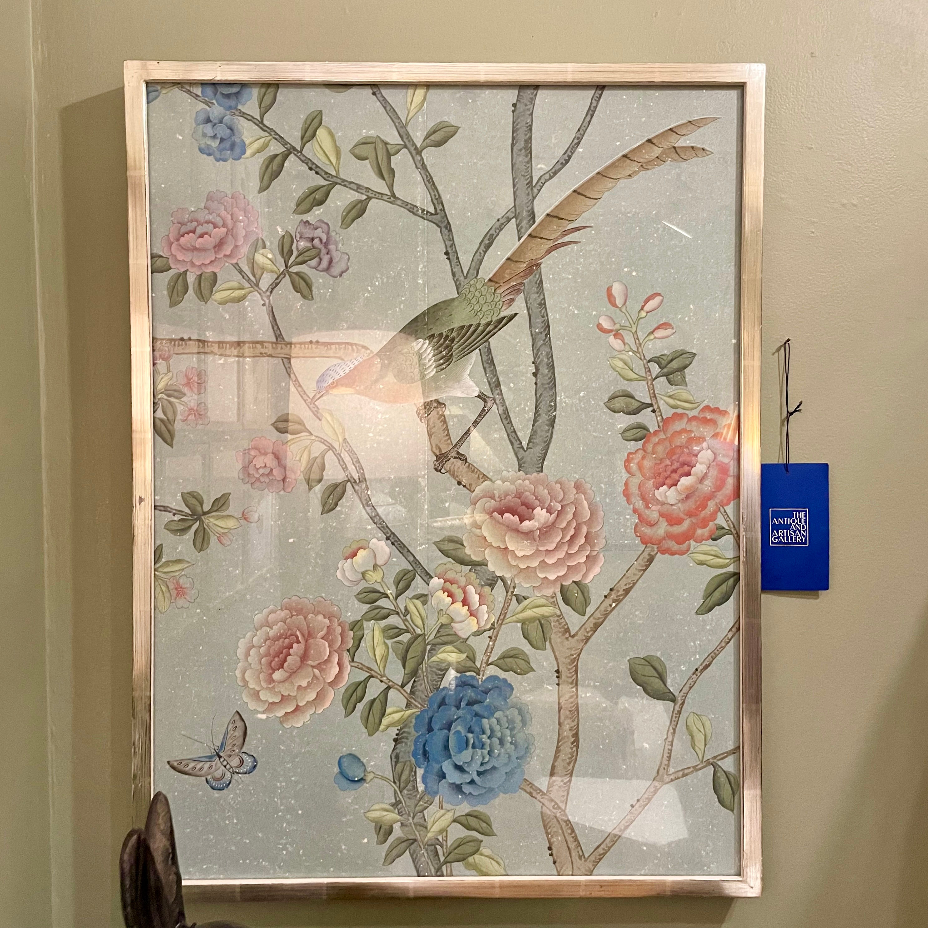 Hand Painted Chinoiserie Wall Paper Panel, Framed