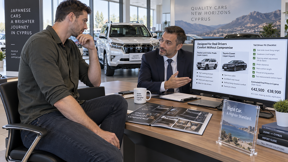 Two men discuss Japanese cars in a bright Cyprus showroom; a monitor shows Toyota models, prices and a tall-driver checklist.