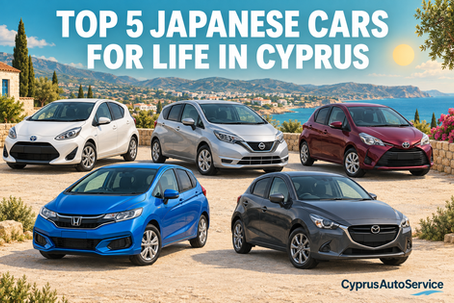 Five Japanese hatchbacks in Cyprus: Toyota Aqua, Nissan Note, Toyota Vitz, Honda Fit and Mazda Demio