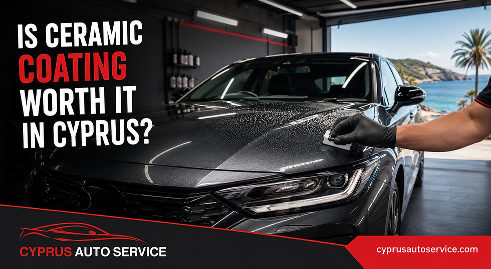 Black car being ceramic-coated in a garage, gloved hand applying product; bold text asks if ceramic coating is worth it in Cyprus.