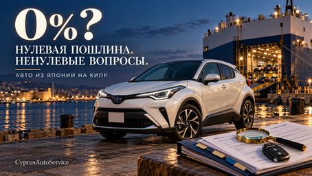 Автомобиль у судна в порту и папка документов — условия нулевой пошлины на авто из Японии на Кипр.