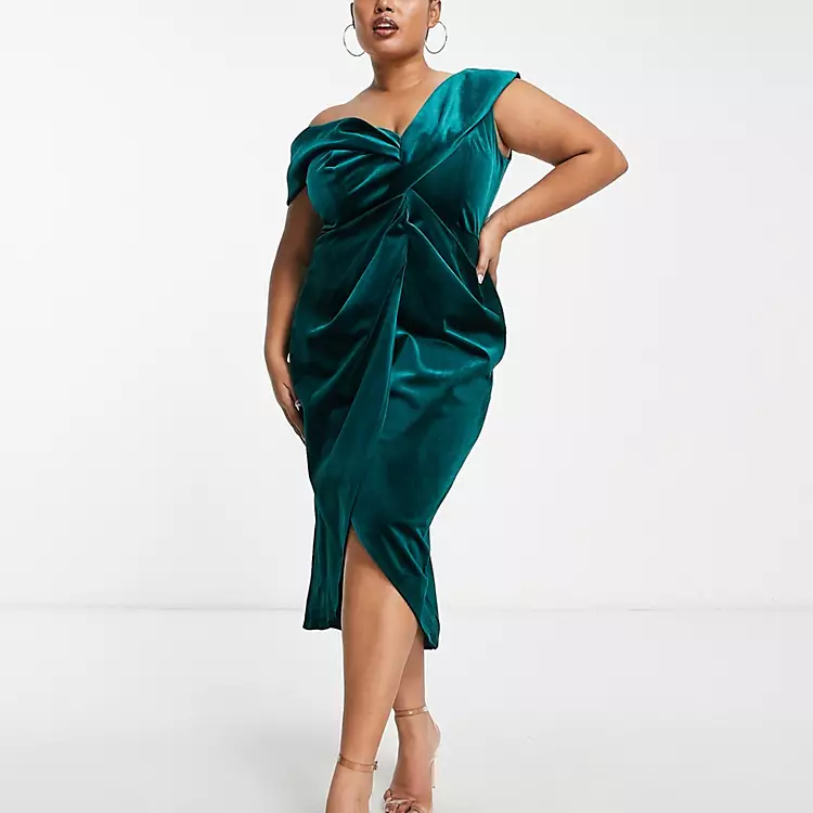 ASOS DESIGN Curve off shoulder twist front wrap velvet midi dress in forest green