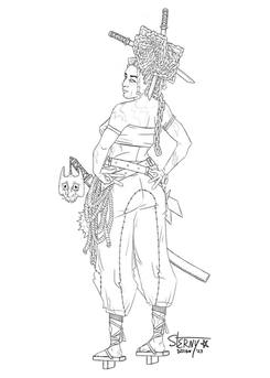 Japanese inspired warrior character illustration, demon mask