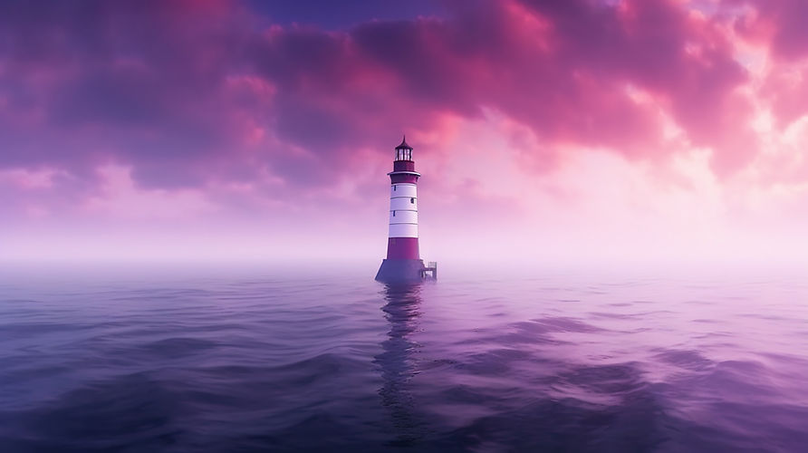 Farol listrado no mar sob céu roxo ao entardecer