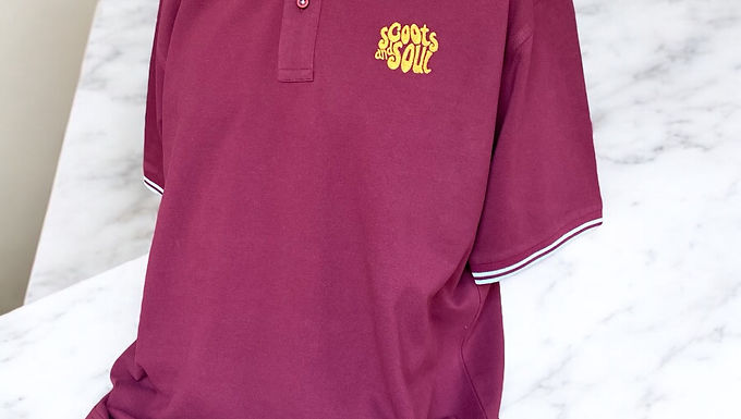 Mens Burgundy Classic Polo Shirt - Scoots and Soul® Yellow Logo