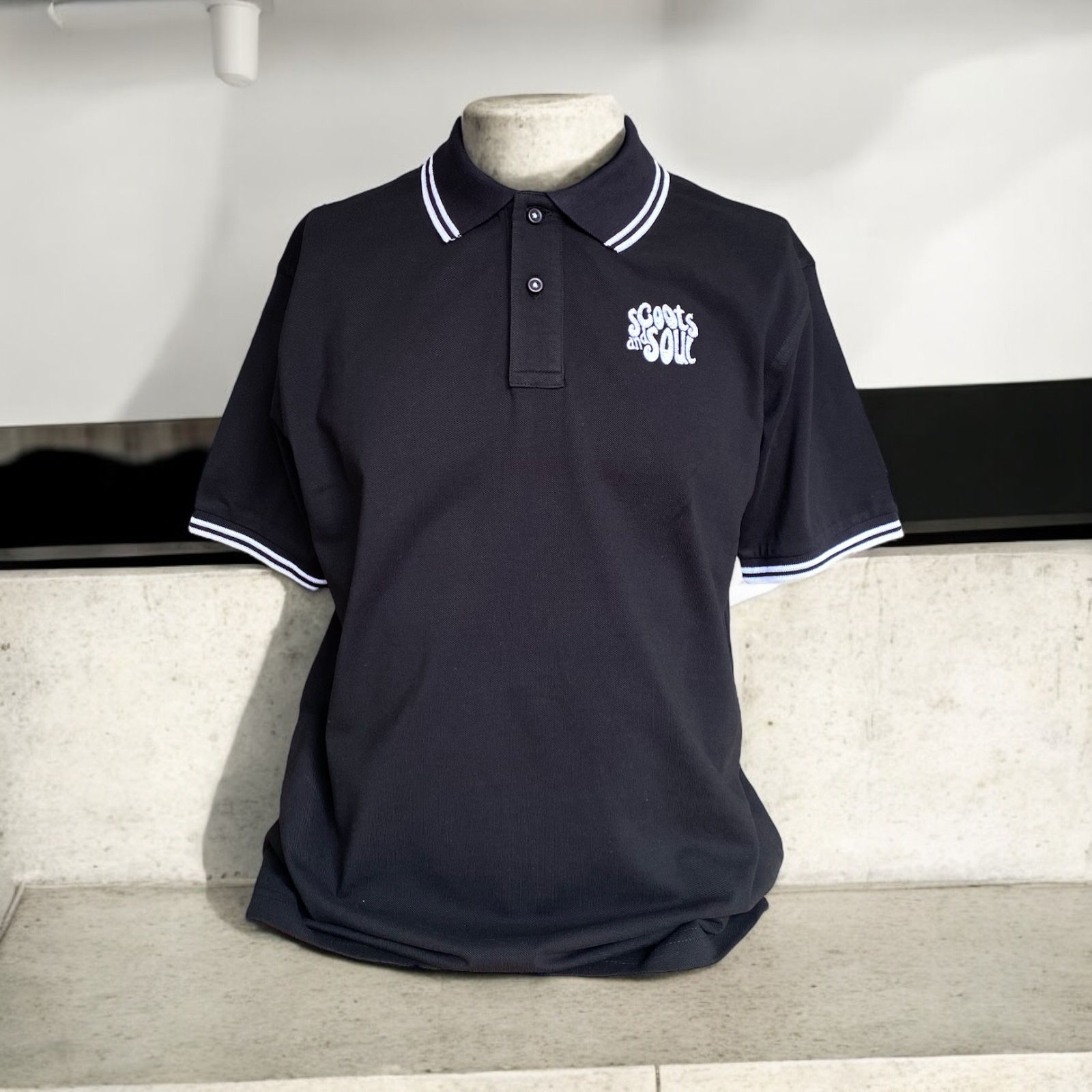Mens Black Classic Polo Shirt -Scoots and Soul® White Logo