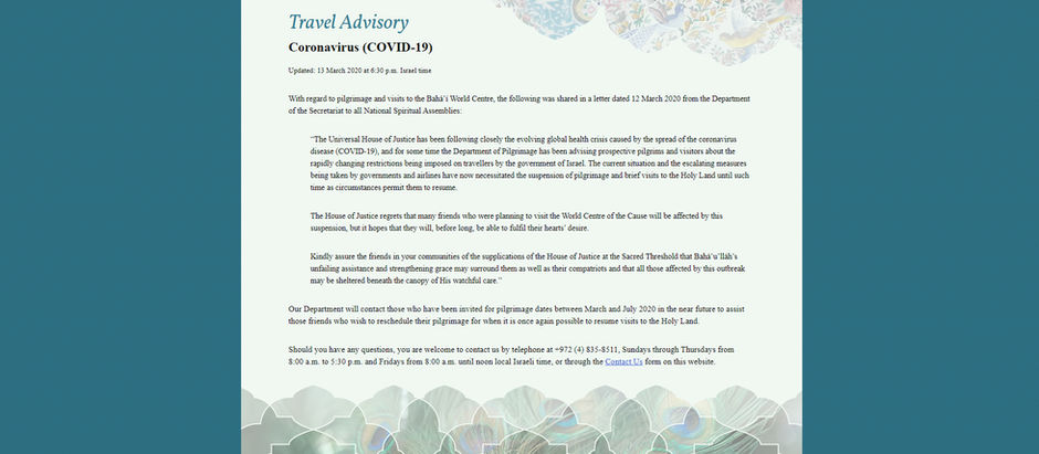 Pilgrimage and Visits to the Bahá’í World Centre Cancelled 