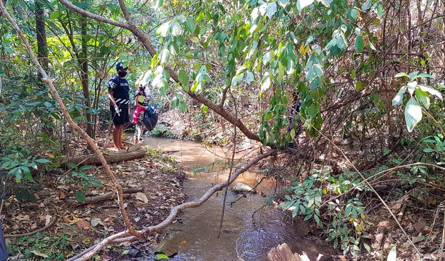 two people are shown next to the river in between trees