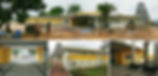 4 images of the building of the visitors' centre with the temple in the background