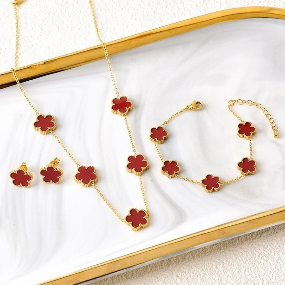 Thumbnail: 3Pcs 18k Gold-Plated Five-Leaf Flower Necklace Earrings Bracelet Jewelry Set for