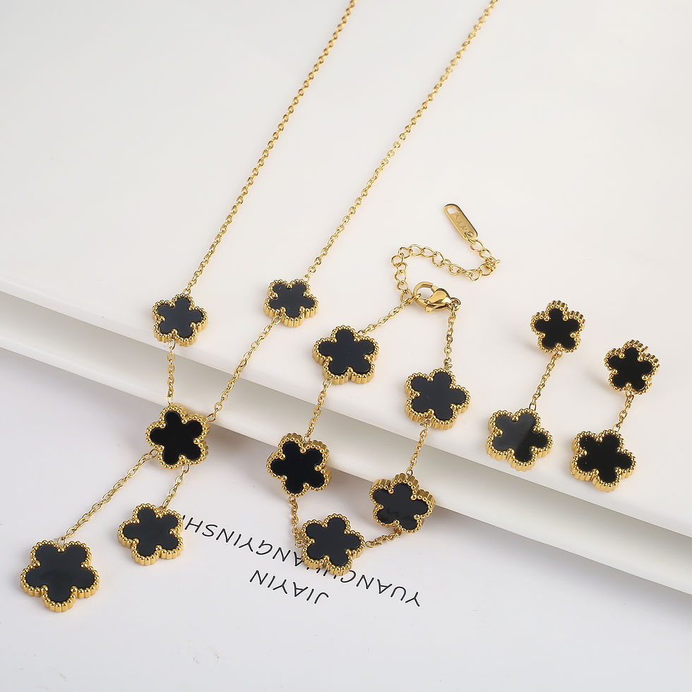 Thumbnail: 3Pcs 18k Gold-Plated Five-Leaf Flower Necklace Earrings Bracelet Jewelry Set for
