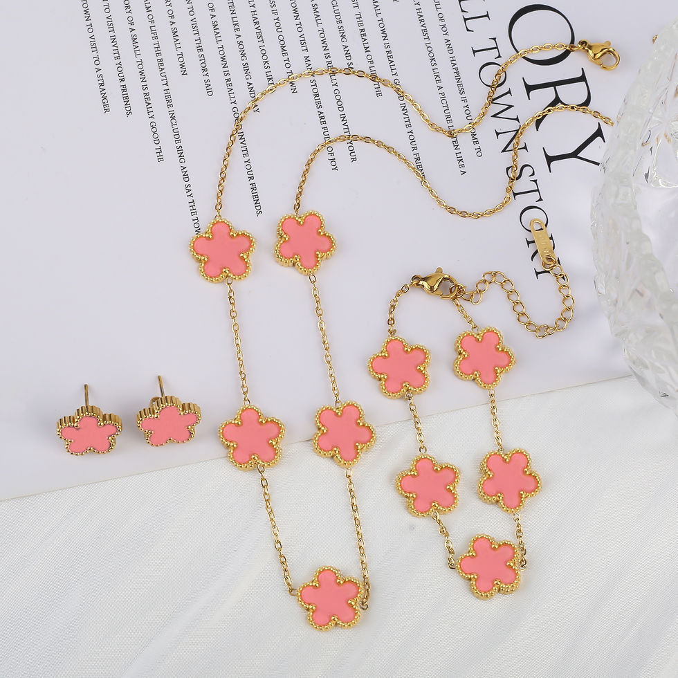 Thumbnail: 3Pcs 18k Gold-Plated Five-Leaf Flower Necklace Earrings Bracelet Jewelry Set for