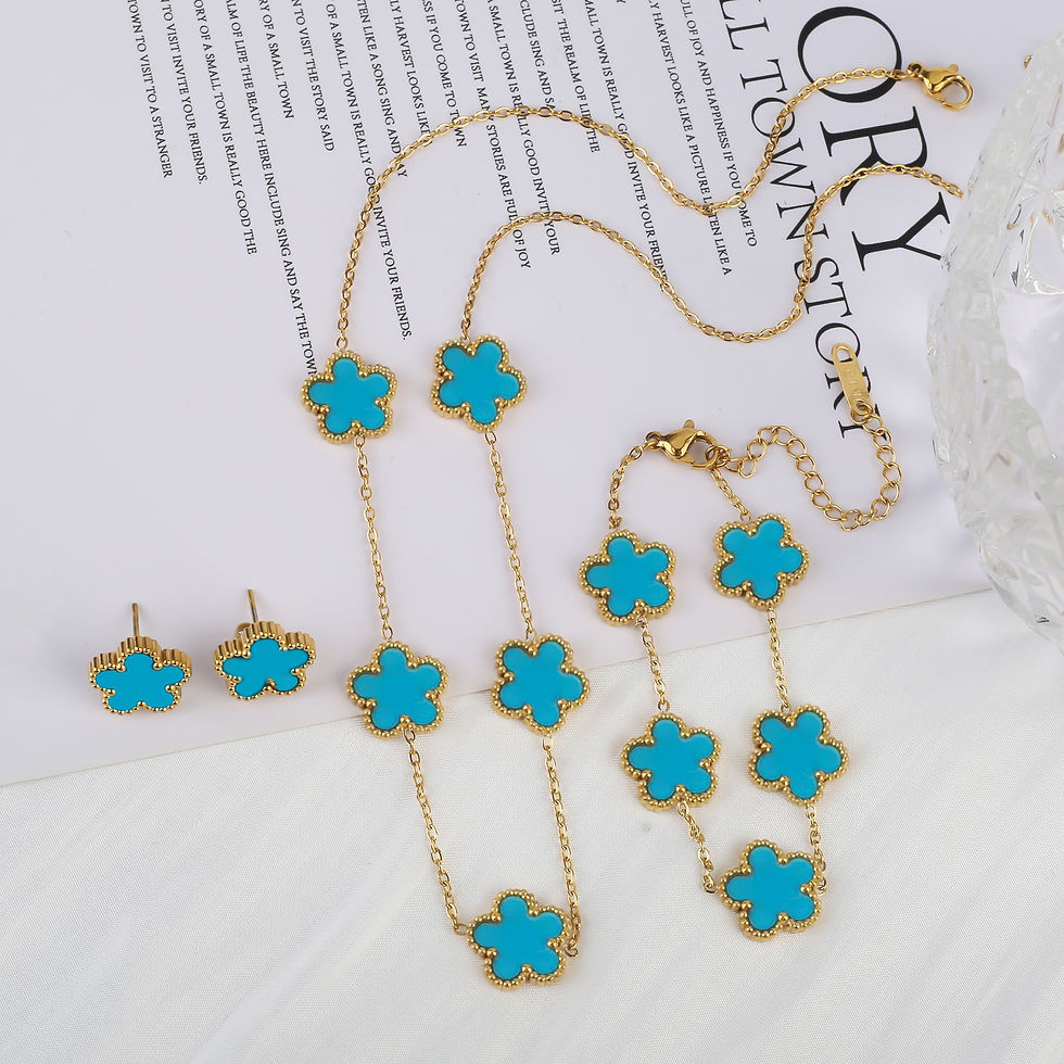 Thumbnail: 3Pcs 18k Gold-Plated Five-Leaf Flower Necklace Earrings Bracelet Jewelry Set for