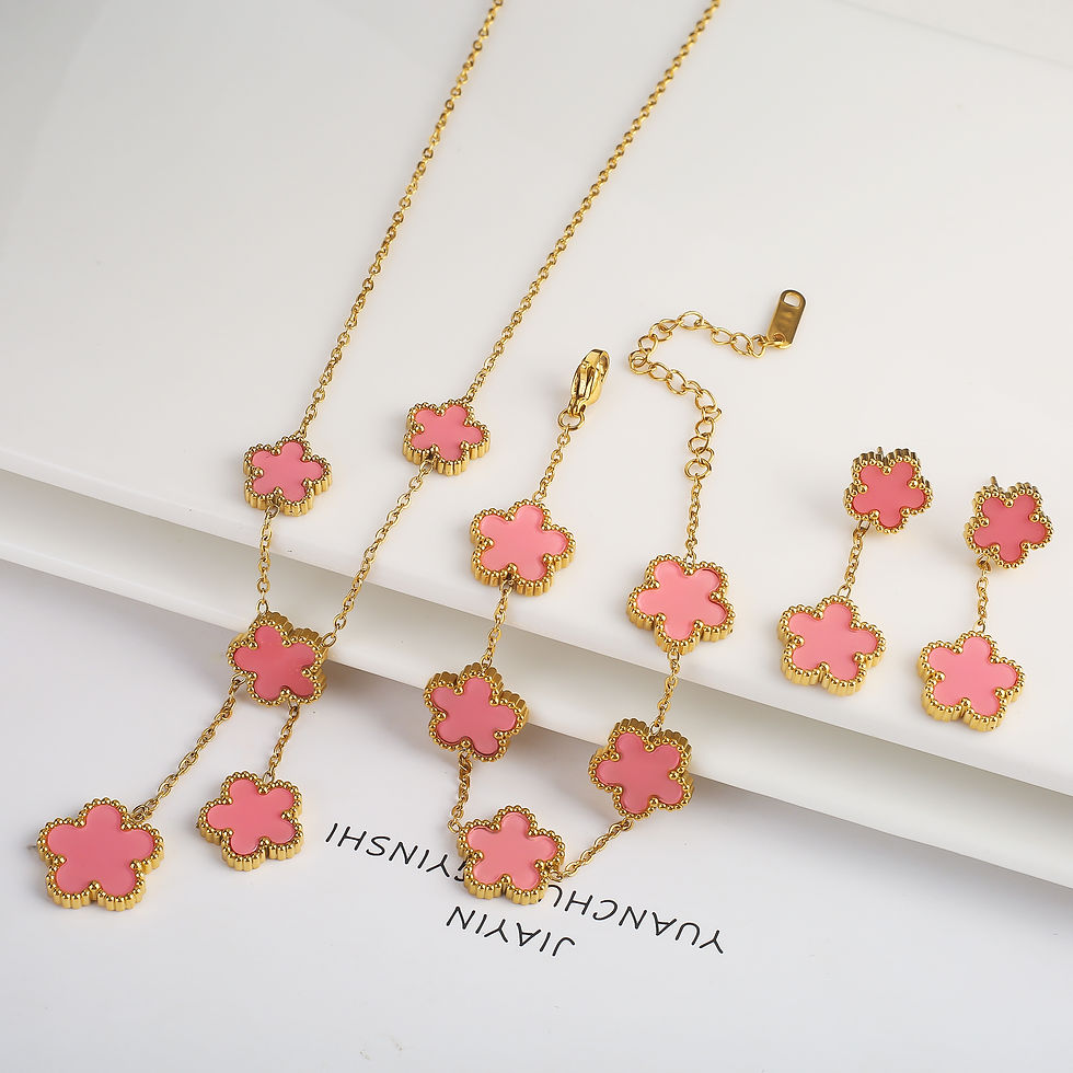 Thumbnail: 3Pcs 18k Gold-Plated Five-Leaf Flower Necklace Earrings Bracelet Jewelry Set for