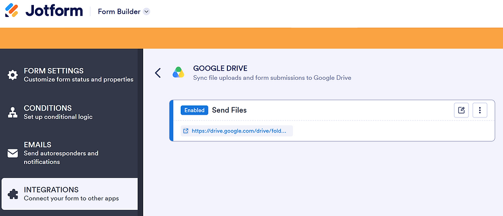 Screenshot of Jotform platform integration with Google Drive.