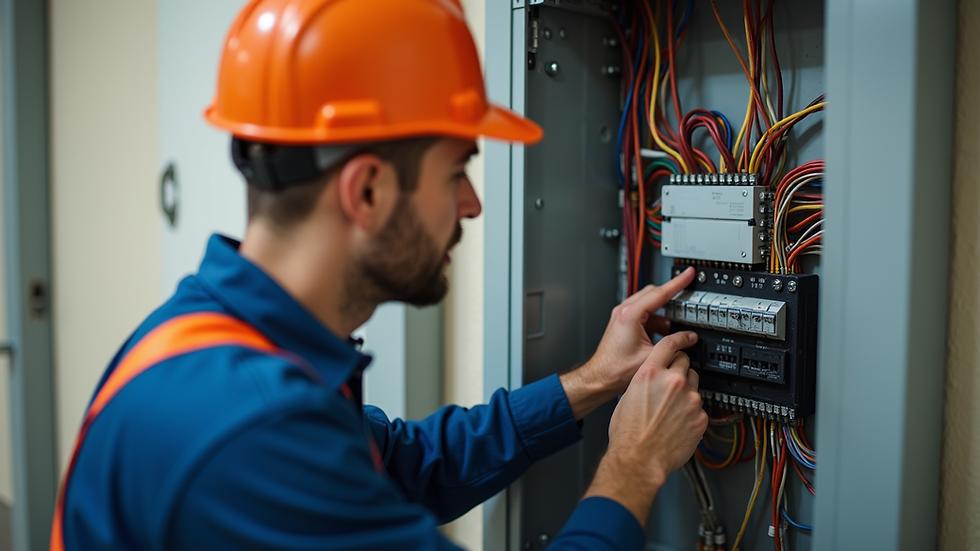 Eye-level view of an electrician working on a residential electrical panel