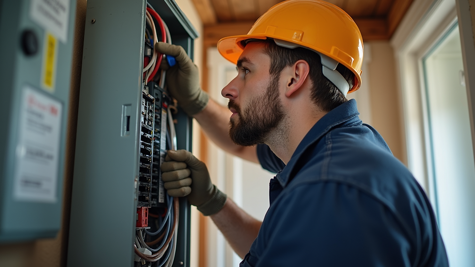 Eye-level view of a professional electrician working on a residential electrical panel