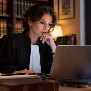 Avocat moderne travaillant sur un ordinateur portable, illustrant le concept de l'avocat augmenté et le développement des soft skills face à l'intelligence artificielle.