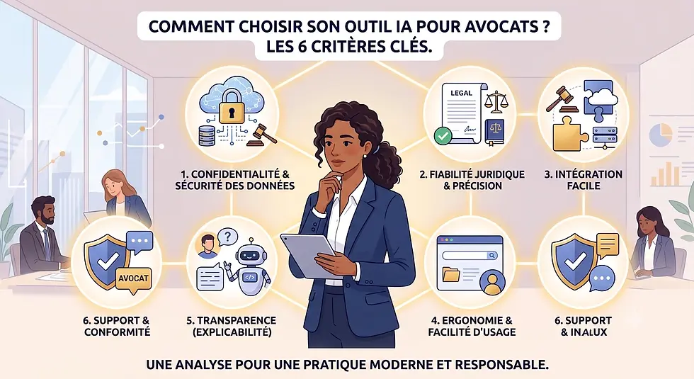 Une avocate brune tablette à la main chemise blanche tailleur bleu et le rappel des 6 critères pour choisir un outil IA pour un cabinet d'avocat.