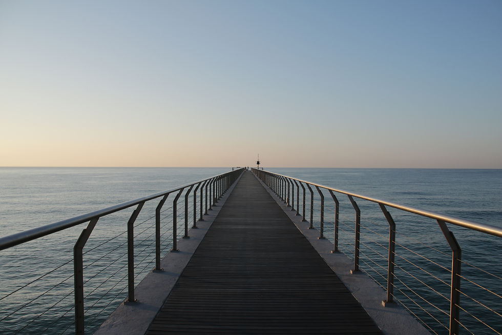 un pont à la structure métallique au dessus de la mer face à l'horizon