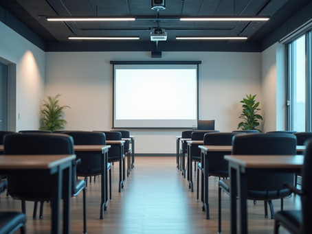 Une salle de formatopn des tables et des chaines une tableau blanc des fenêtres sur la droite