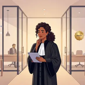 une avocate brune en robe dans son bureau une tablette à la main et des collegues à leur bureau