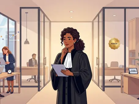 une avocate brune en robe dans son bureau une tablette à la main et des collegues à leur bureau