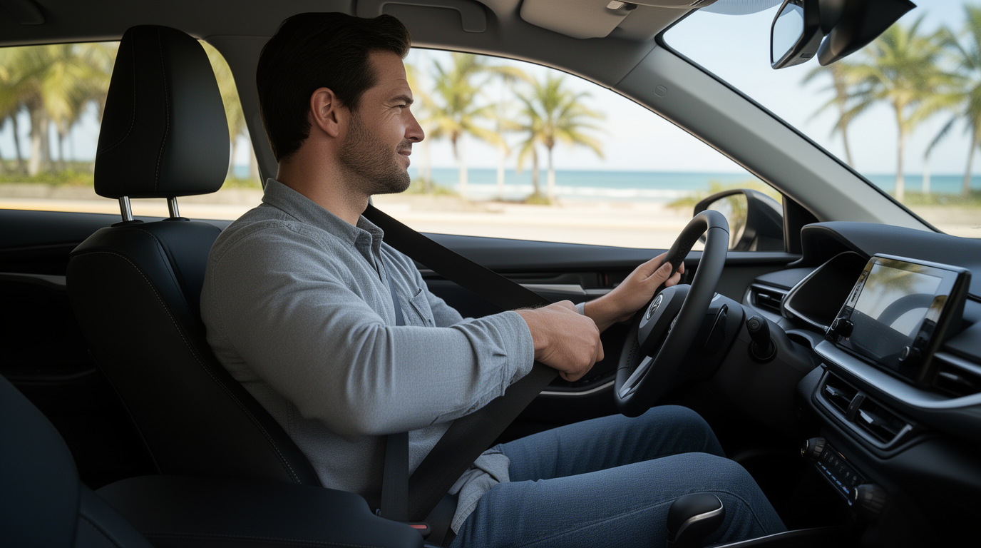Motorist fastening a seat belt before driving on a sunny Florida coastal roadway