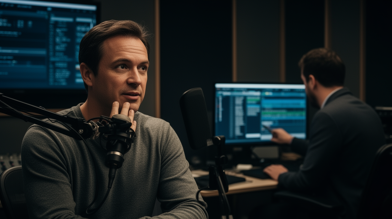 Podcast commentator speaking while a producer evaluates source material in a studio