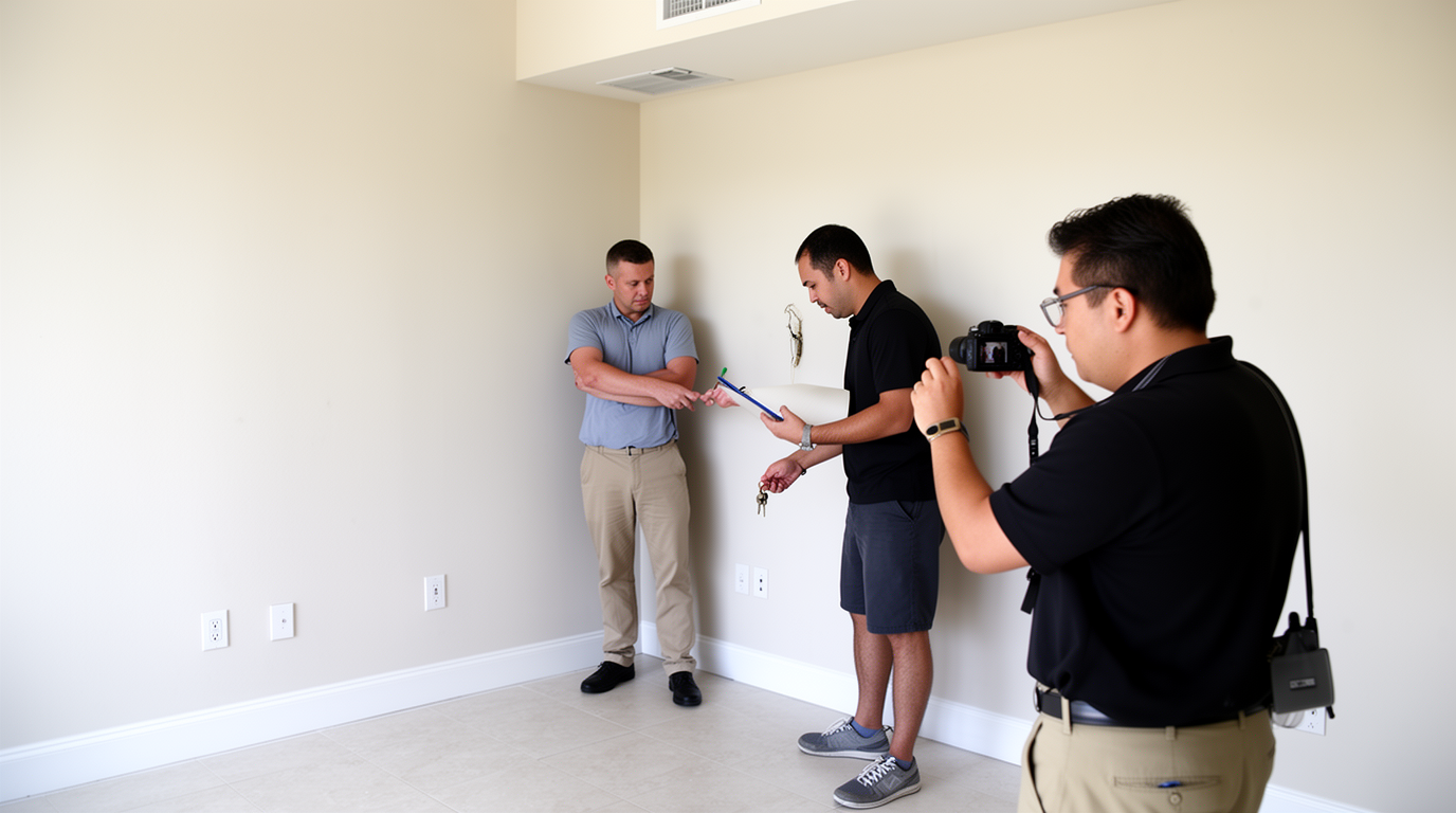 Florida landlord and tenant completing a detailed move-out inspection inside an unfurnished apartment