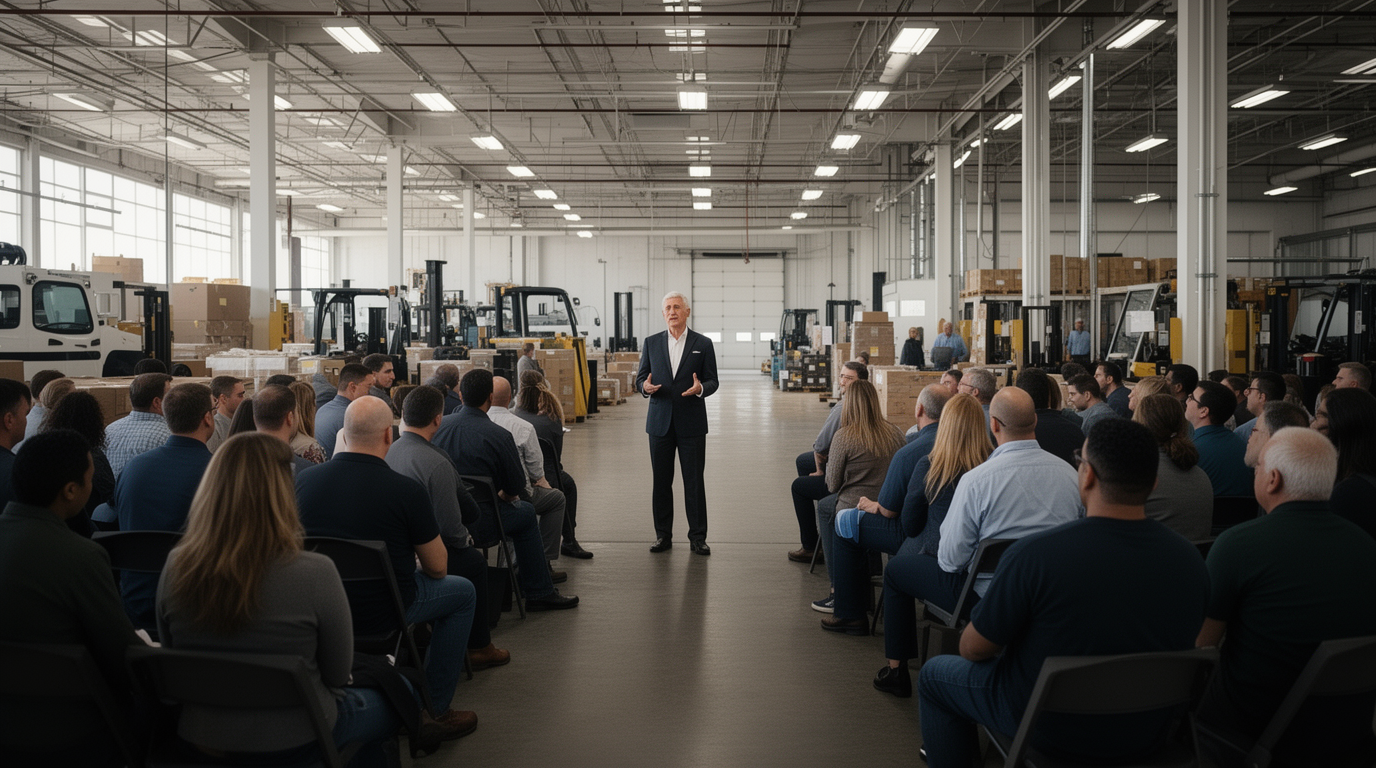 Florida facility manager addressing employees before a major workplace shutdown