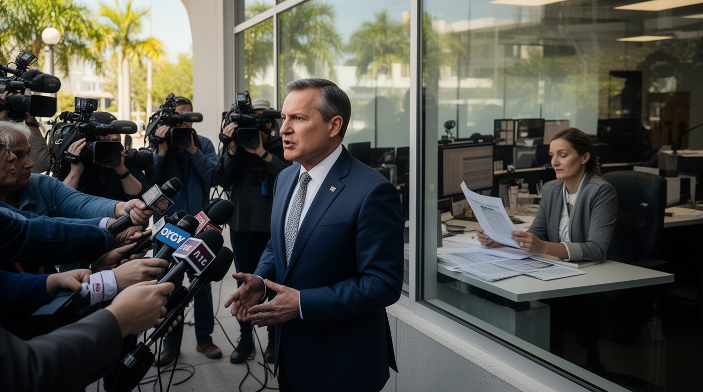 Florida public figure facing reporters while an investigative editor reviews source credibility