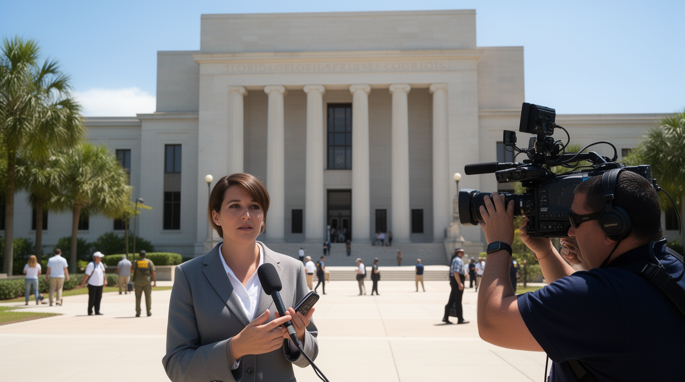 Florida courthouse reporter recording an on-camera update outside a public judicial proceeding