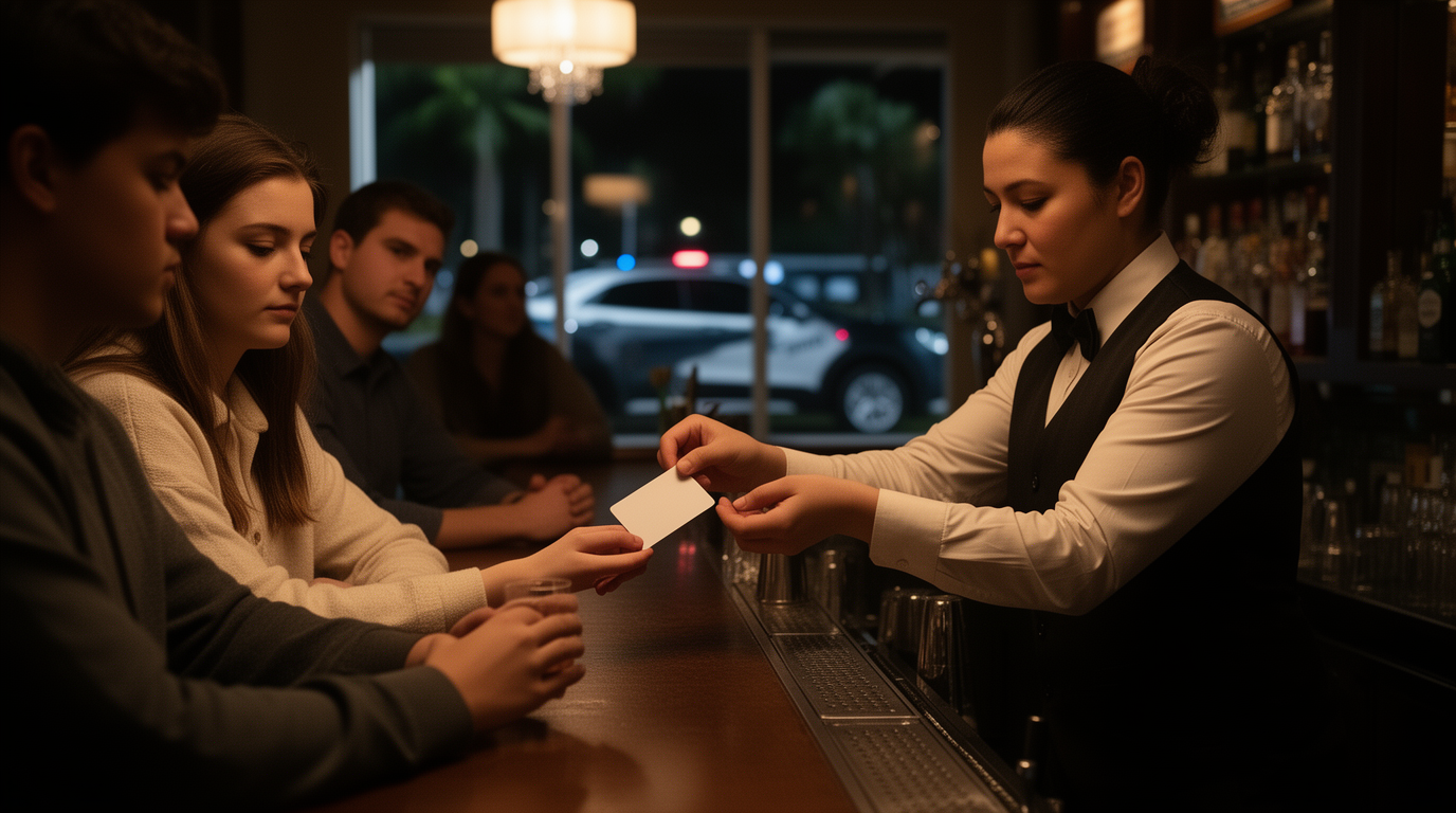 Florida bartender carefully checking a patron's identification before serving alcohol