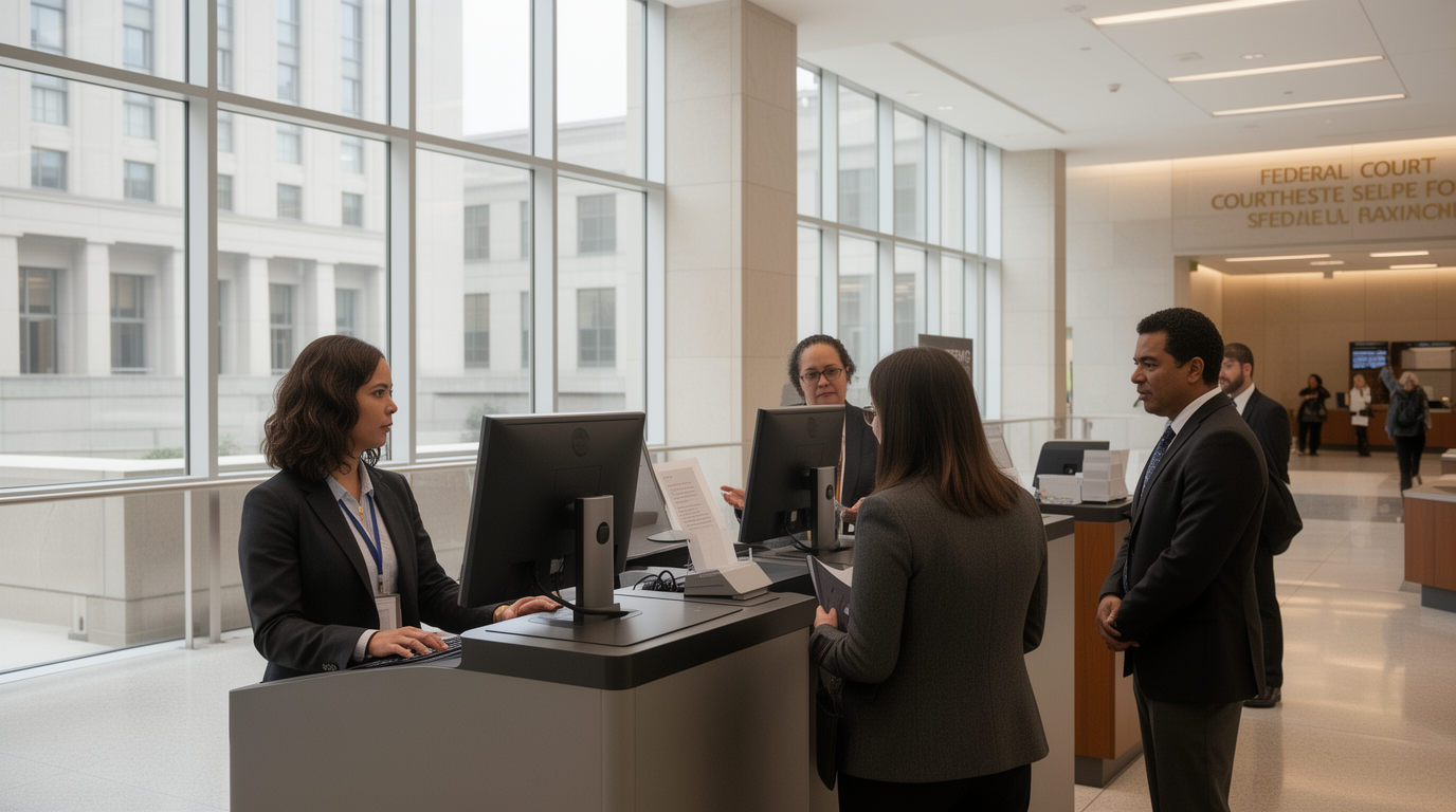 Self-represented litigant receiving assistance at an electronic filing station inside a federal courthouse