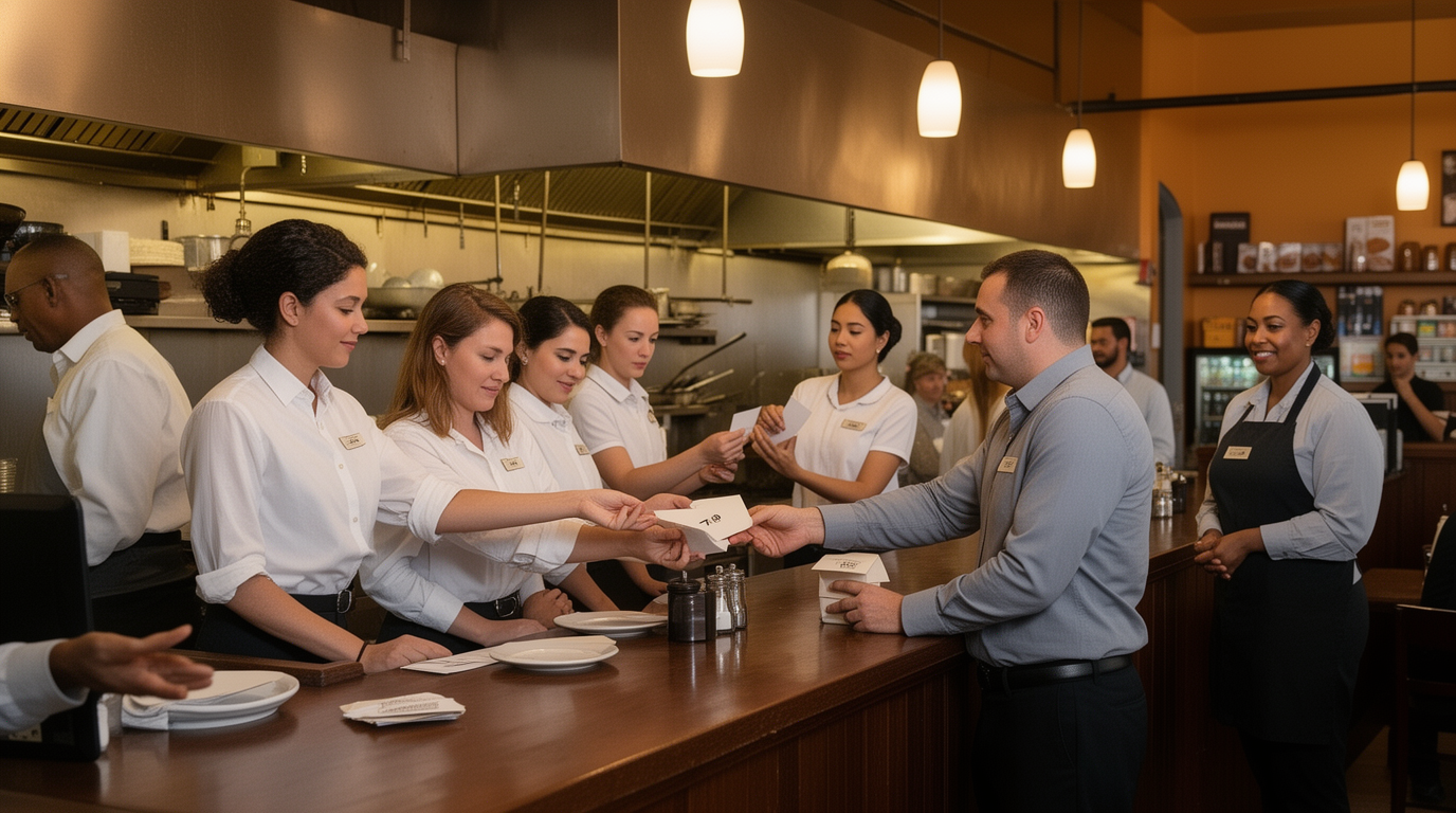 Florida restaurant employees completing end-of-shift tip distribution in a busy hospitality setting