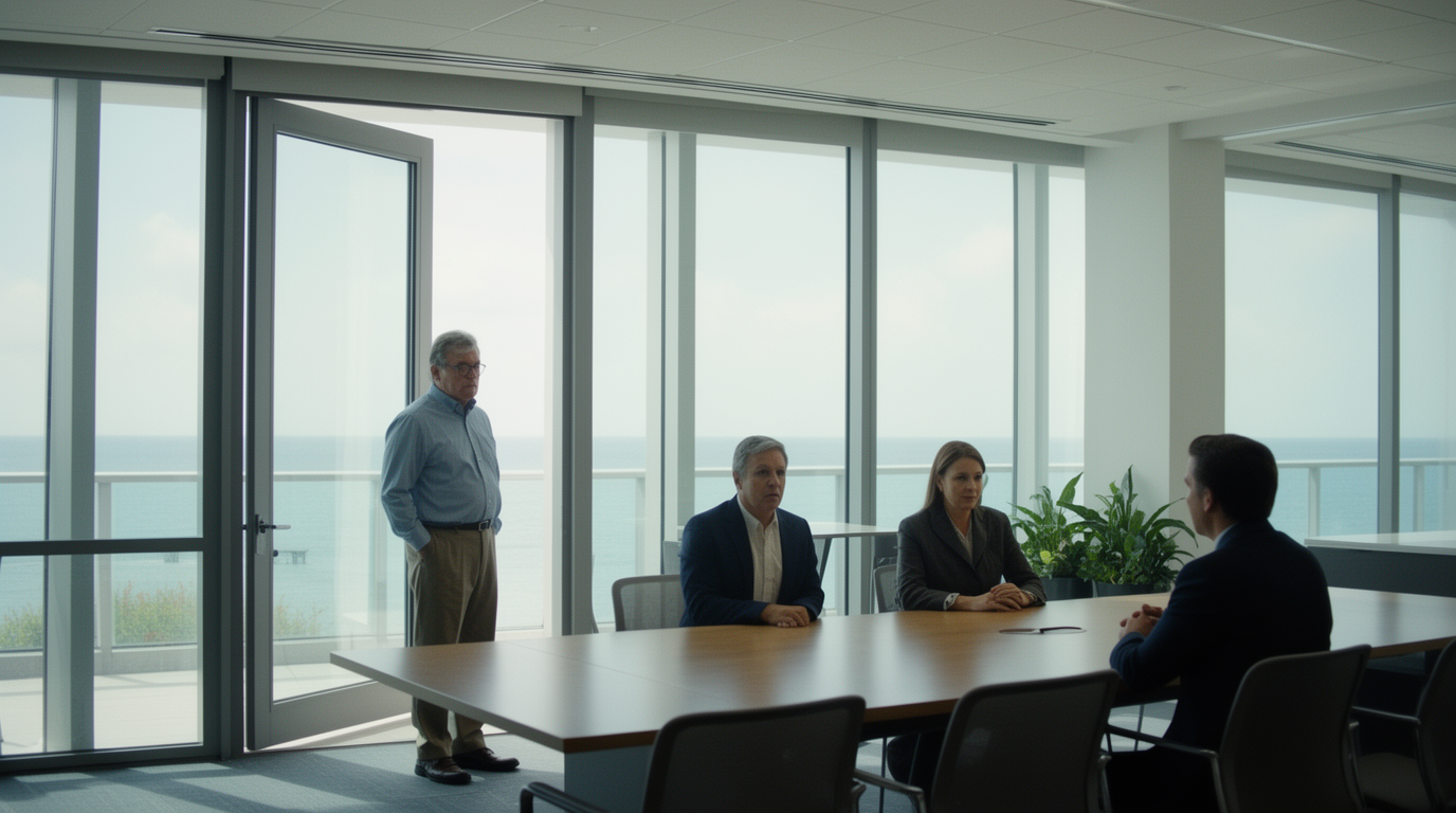 Departing Florida business owner meeting with remaining LLC members and a financial adviser