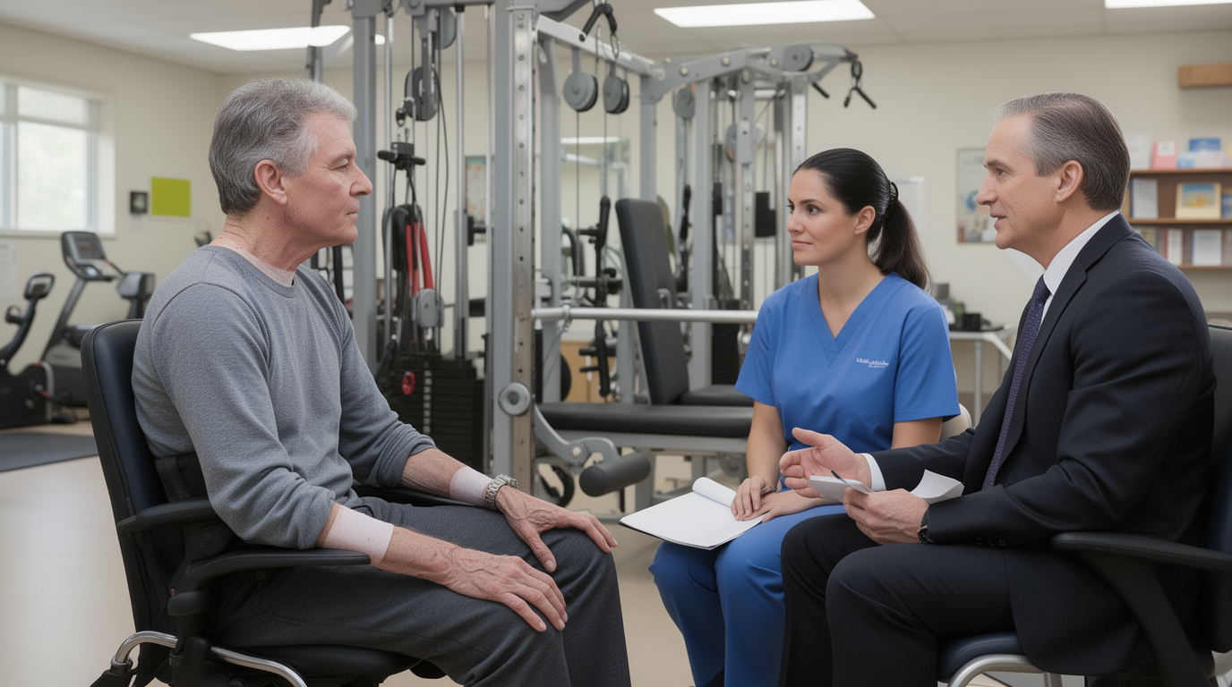 Injured Florida patient meeting with a rehabilitation provider and attorney about treatment funding