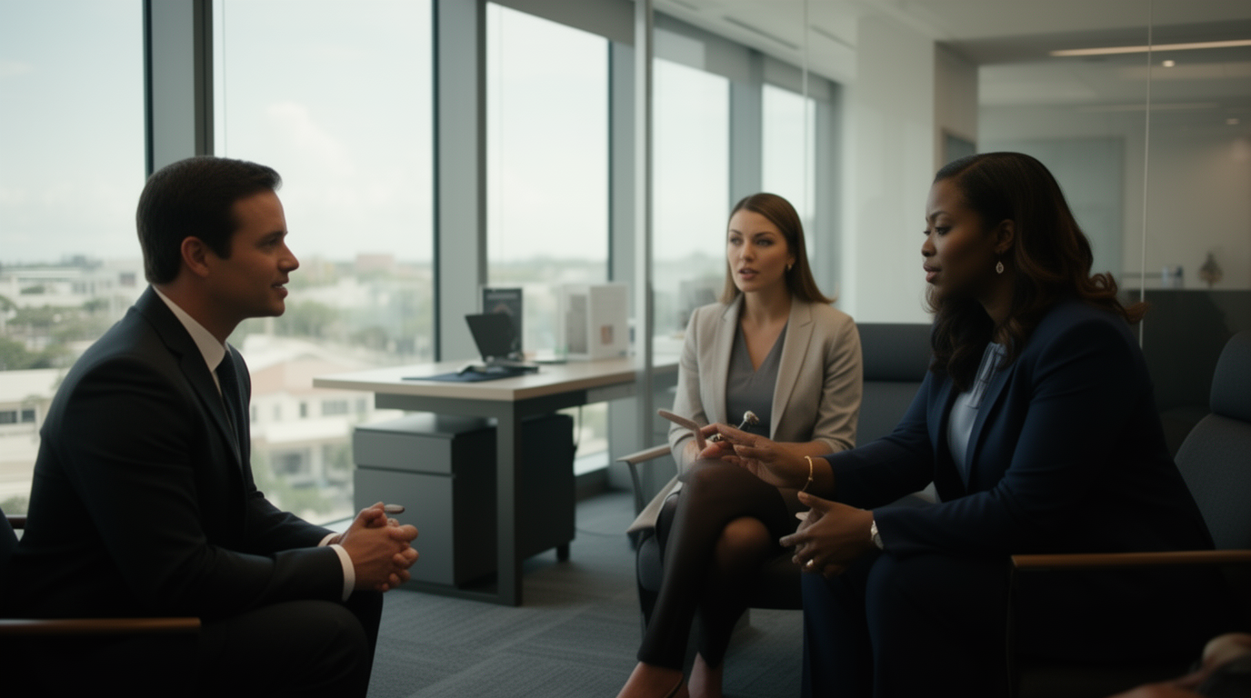 Florida business partners meeting with a financial professional after a judgment affects one member's distribution rights