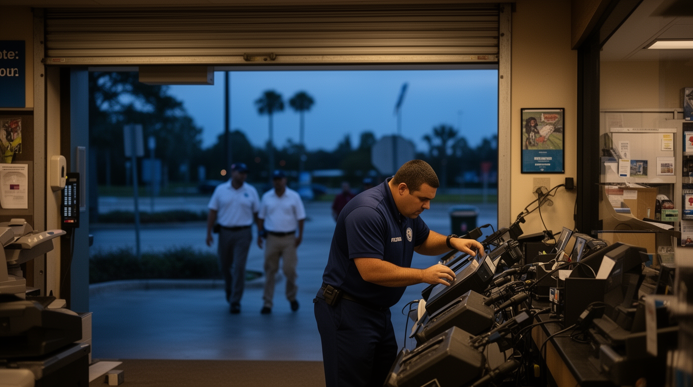 Florida employee completing required closing tasks after coworkers have left for the evening