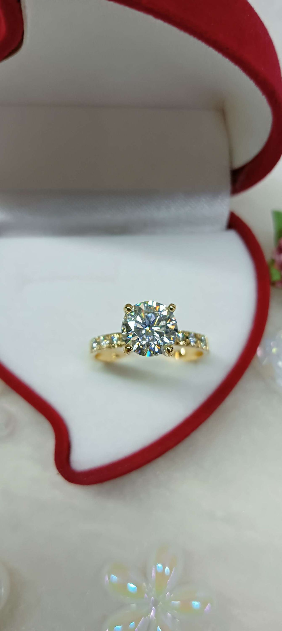 Thumbnail: 18k Moissanite Gold Tiffany with half Eternity sides 