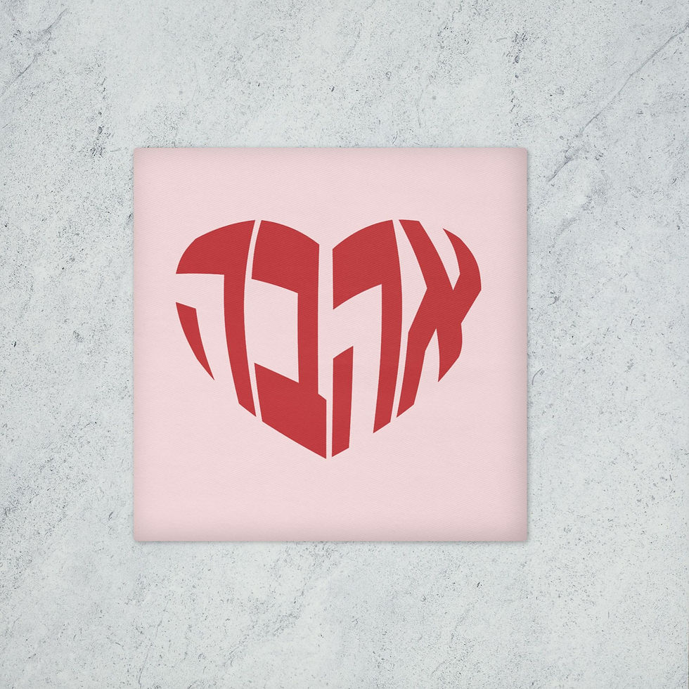 14"x14" pale pink pillow case with red heart shape the word ahava in Hebrew letters