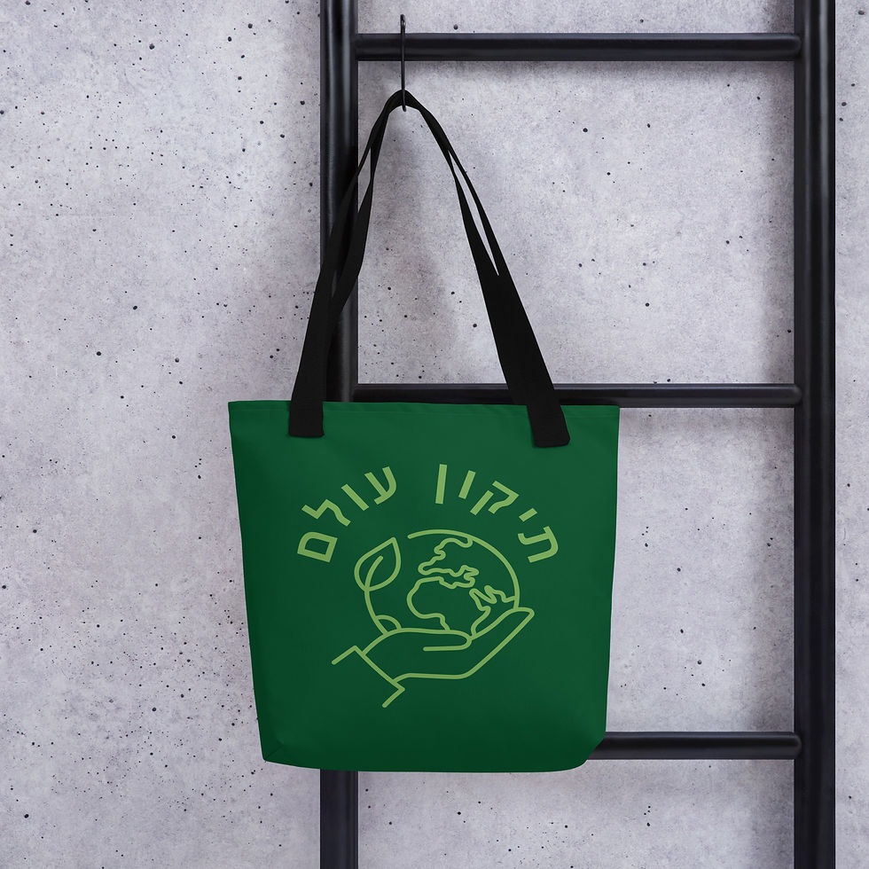 A green tote bag with black handles on hanger hooked onto a ladder-like metal structure with the tikkun olam design