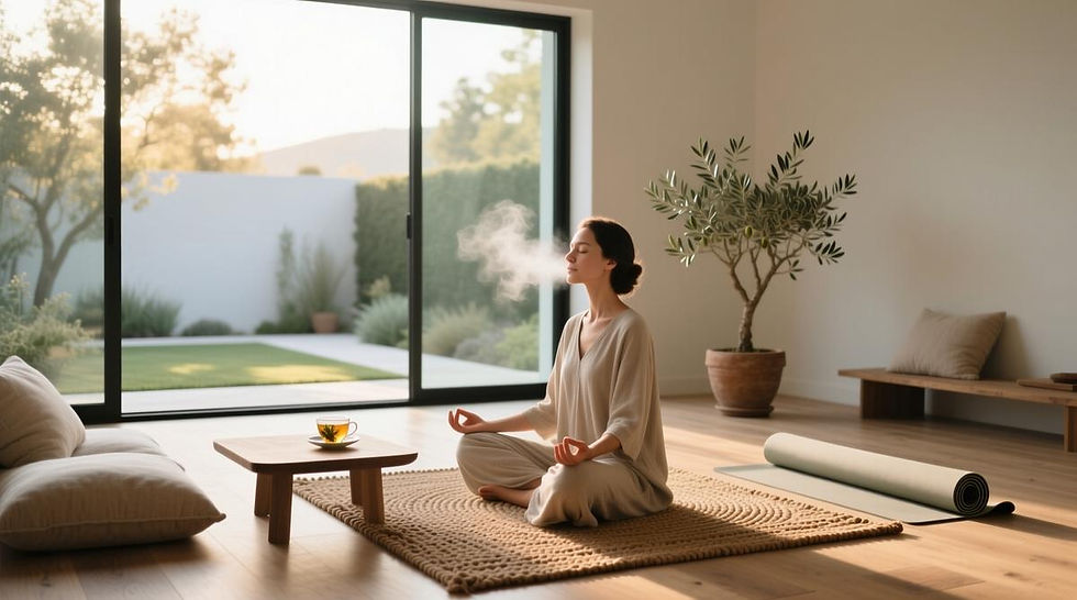 Woman practising deep breathing to relieve stress quickly in a calm home environment.