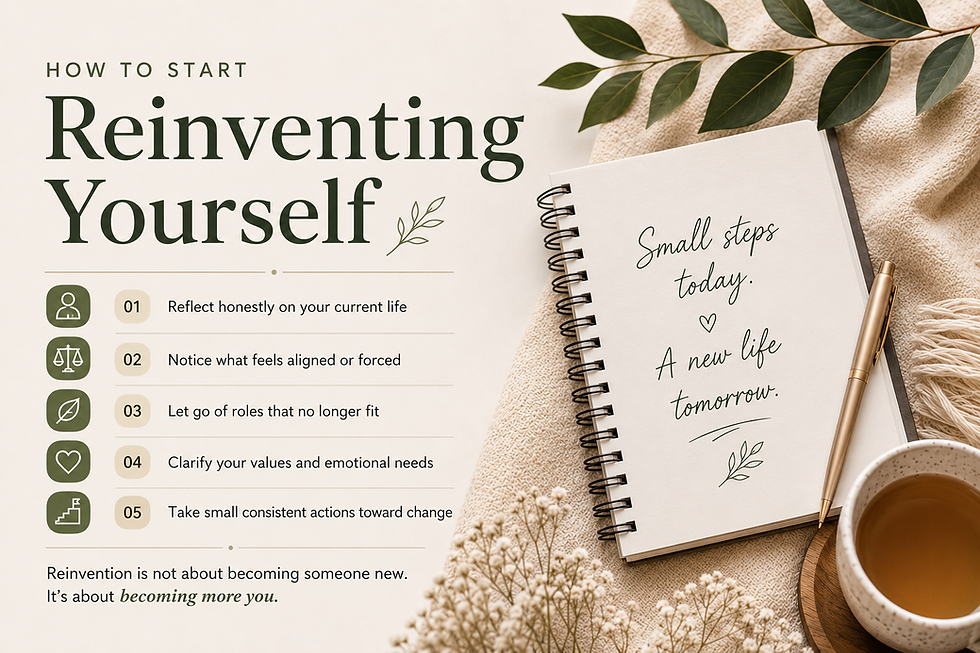 Minimalist self growth infographic titled “Reinventing Yourself” featuring five personal transformation steps beside a soft lifestyle flat lay with notebook, tea cup, and neutral calming aesthetic.