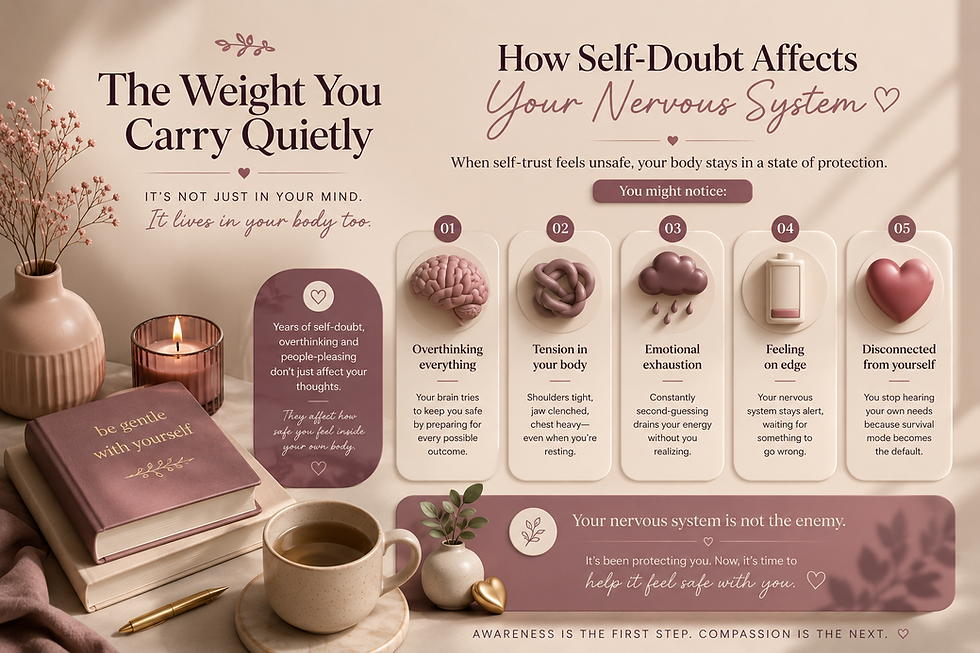 infographic explaining how self-doubt affects the nervous system, featuring soft mauve wellness visuals, emotional exhaustion concepts, overthinking, body tension, and calming self-trust messaging in a premium editorial style.