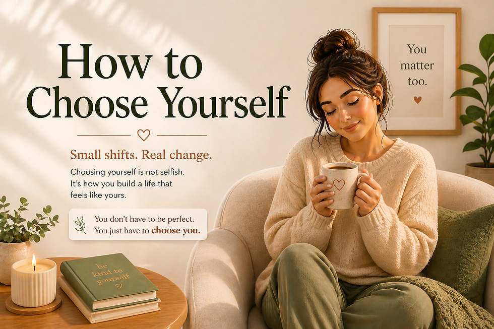 Woman sitting peacefully and holding a cup, representing self-care and emotional safety, with the text “How to Choose Yourself” and a message about self-acceptance and personal growth.
